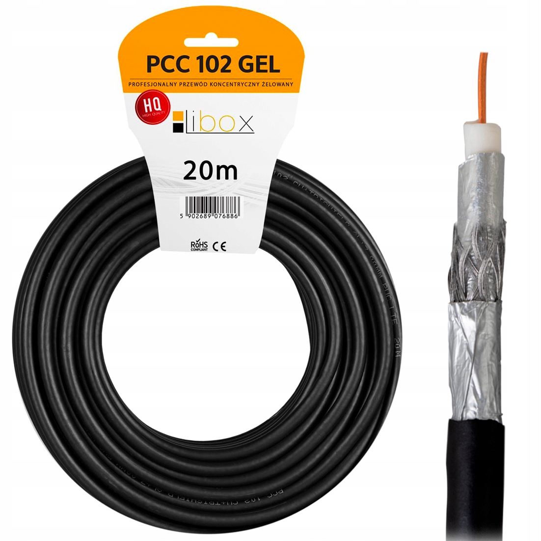 KABEL ANTENOWY KONCENTRYCZNY CZARNY ŻEL Cu PRZEWÓD ZEWNĘTRZNY ZIEMNY 4K 20M Marka Libox
