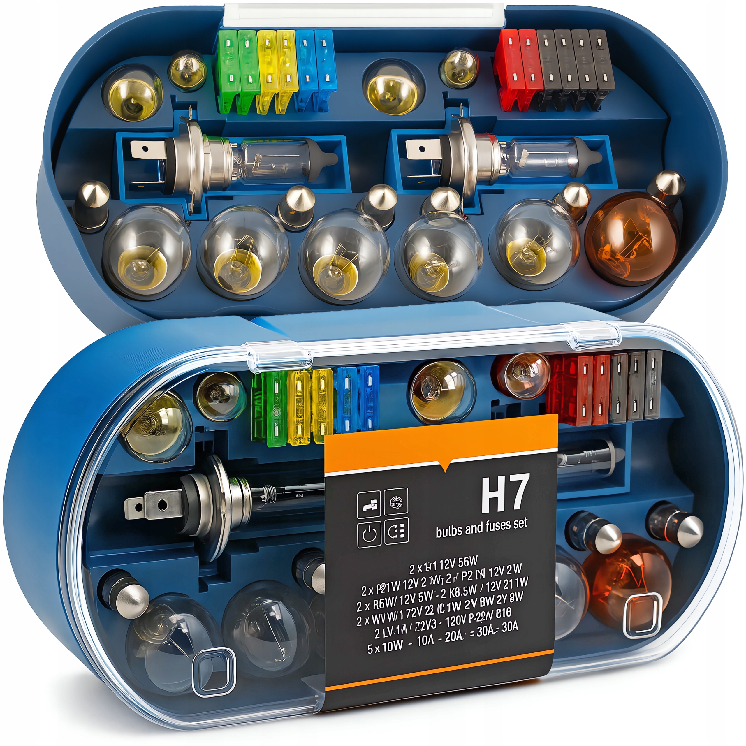 Zestaw Zasobnik Komplet Żarówek Zapasowych 2x H7 12V Bezpieczniki 30 Elem