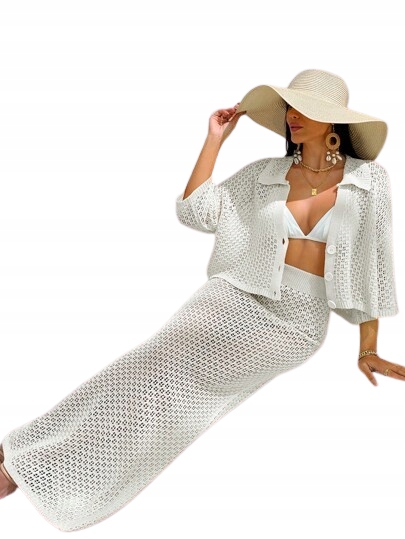 Shein Dámský Komplet Bílý Ažurový Kardigan S Knoflíky A Sukně S 1JA