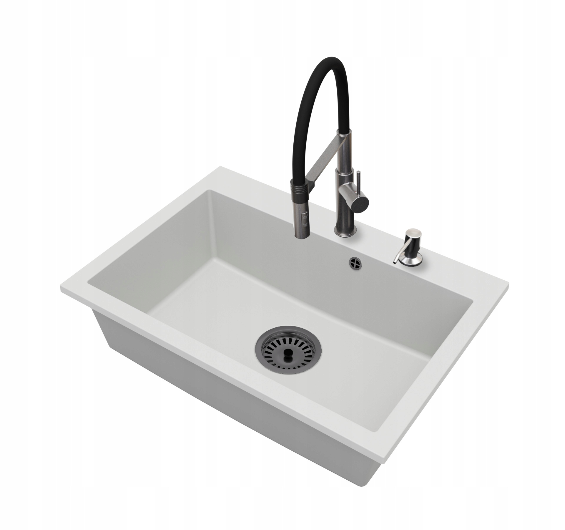 Granitový dřez Jednokomorový Elite 70 Baterie Dávkovač Sifon Černý