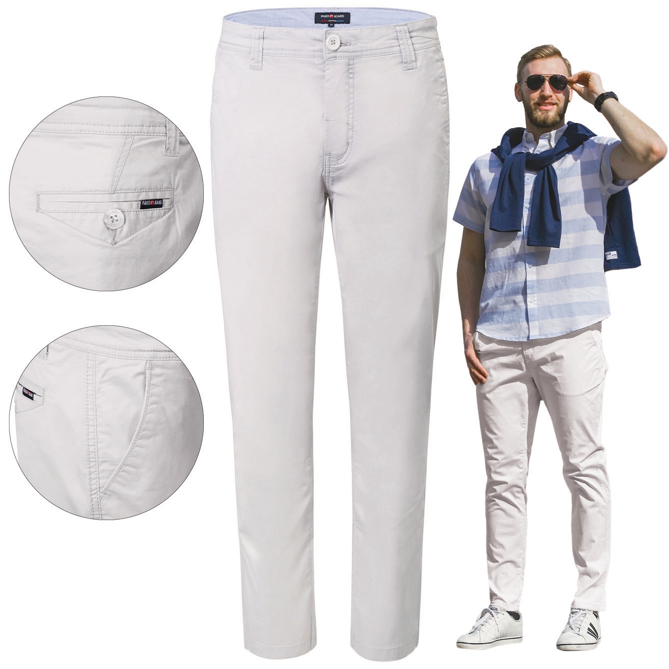 Pánské kalhoty Chinosy Bavlněné Světle Šedé Slim Fit W38/L32 Pako Jeans
