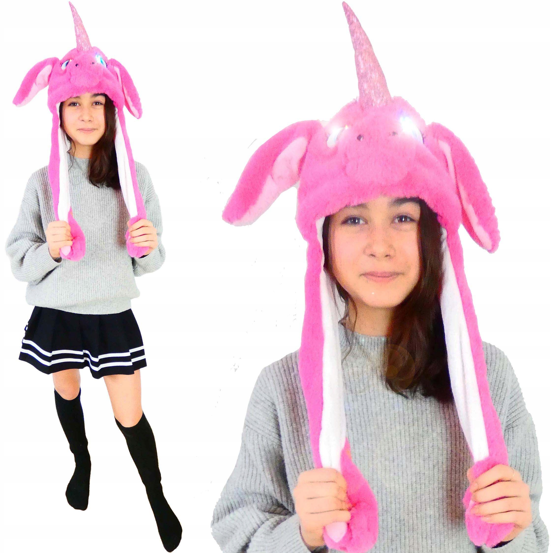 

czapka kigurumi ruchome uszy świecące oczy różowa