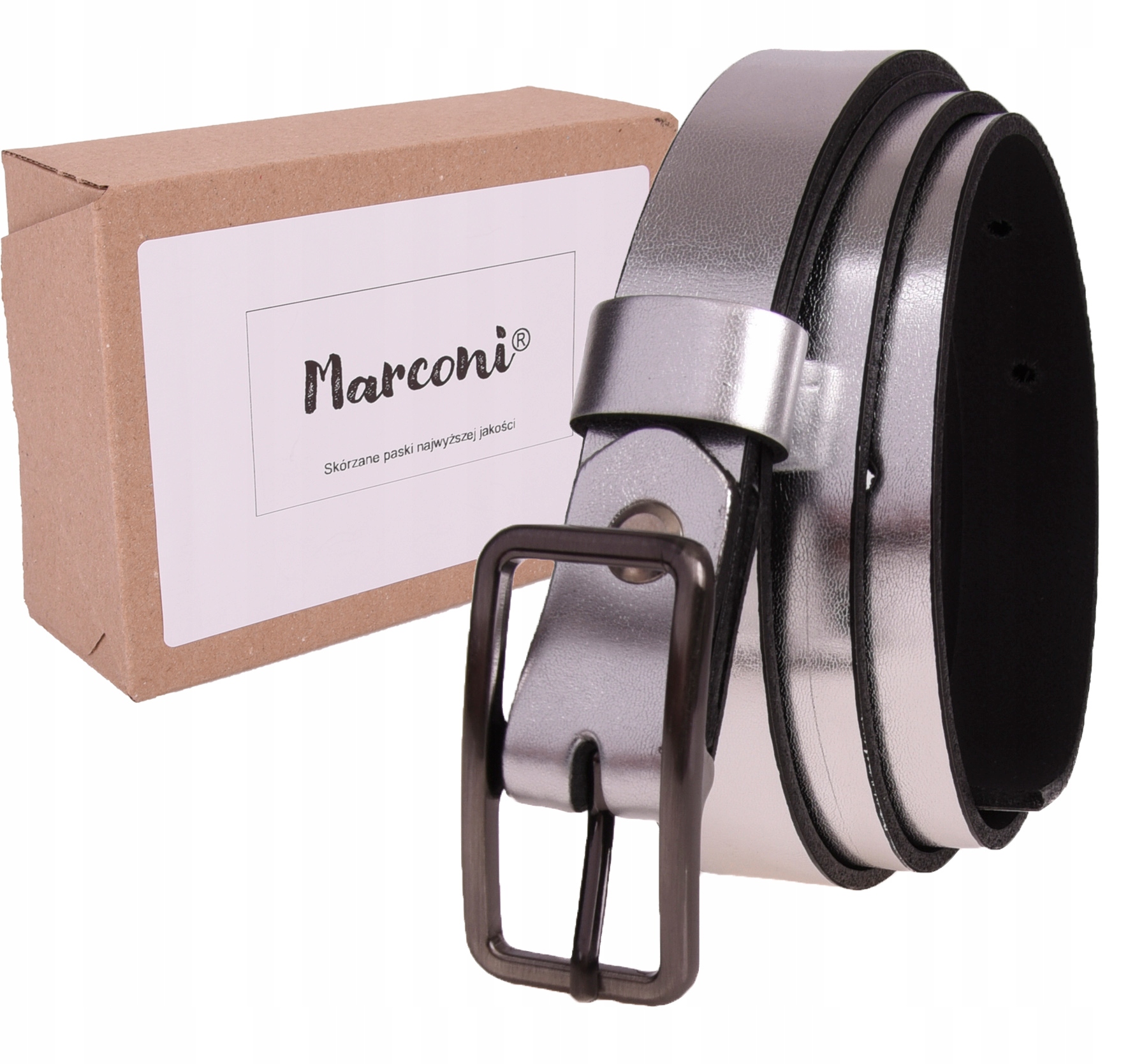 

Skórzany Pasek damski 2cm Srebrny 75