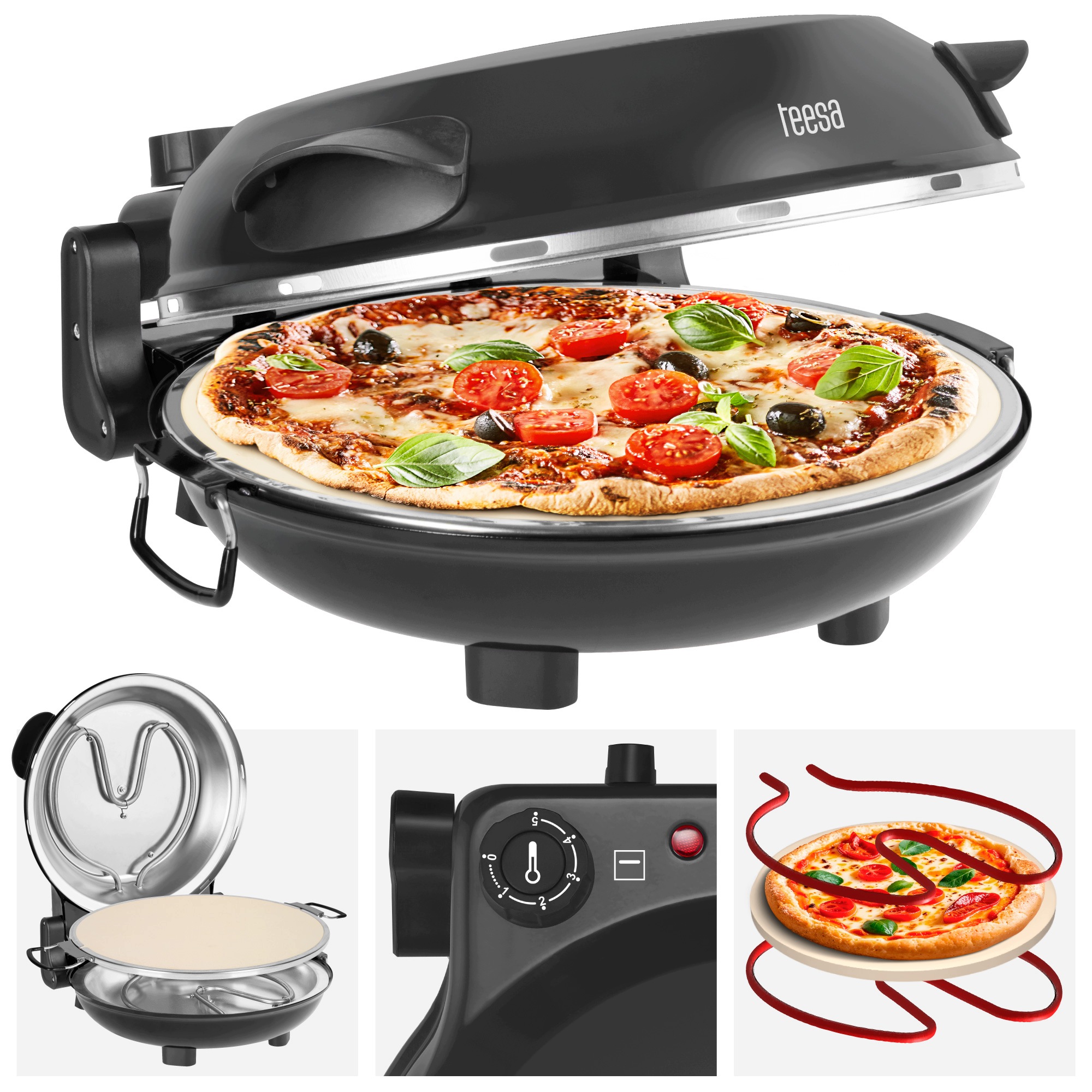Pec na pizzu Teesa Supreme Fun 1200 W 420 °C, dvě topná tělesa, černá