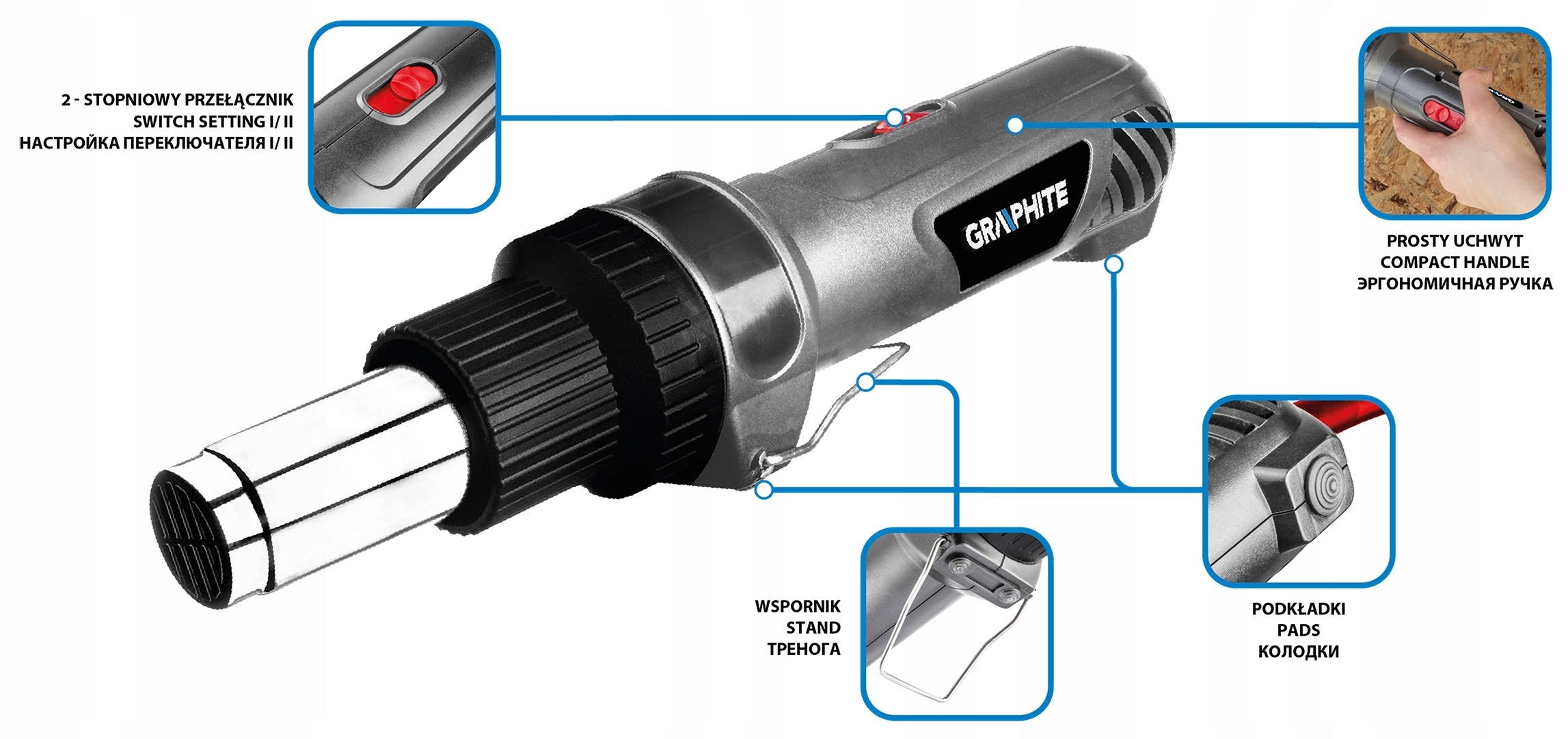 GRAPHITE OPALARKA 2000W 350°C/550°C UCHWYT PROSTY Temperatura maksymalna 550°C