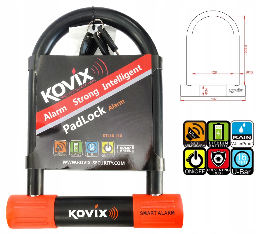 ЗАМОК U-LOCK З СИГНАЛІЗАЦІЄЮ KOVIX KTL16-210 ЧОРНИЙ