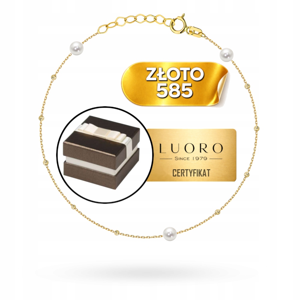 Náramek Zlatý 585 14K Kuličky Diamantové Perly 17 CM Nastavitelný