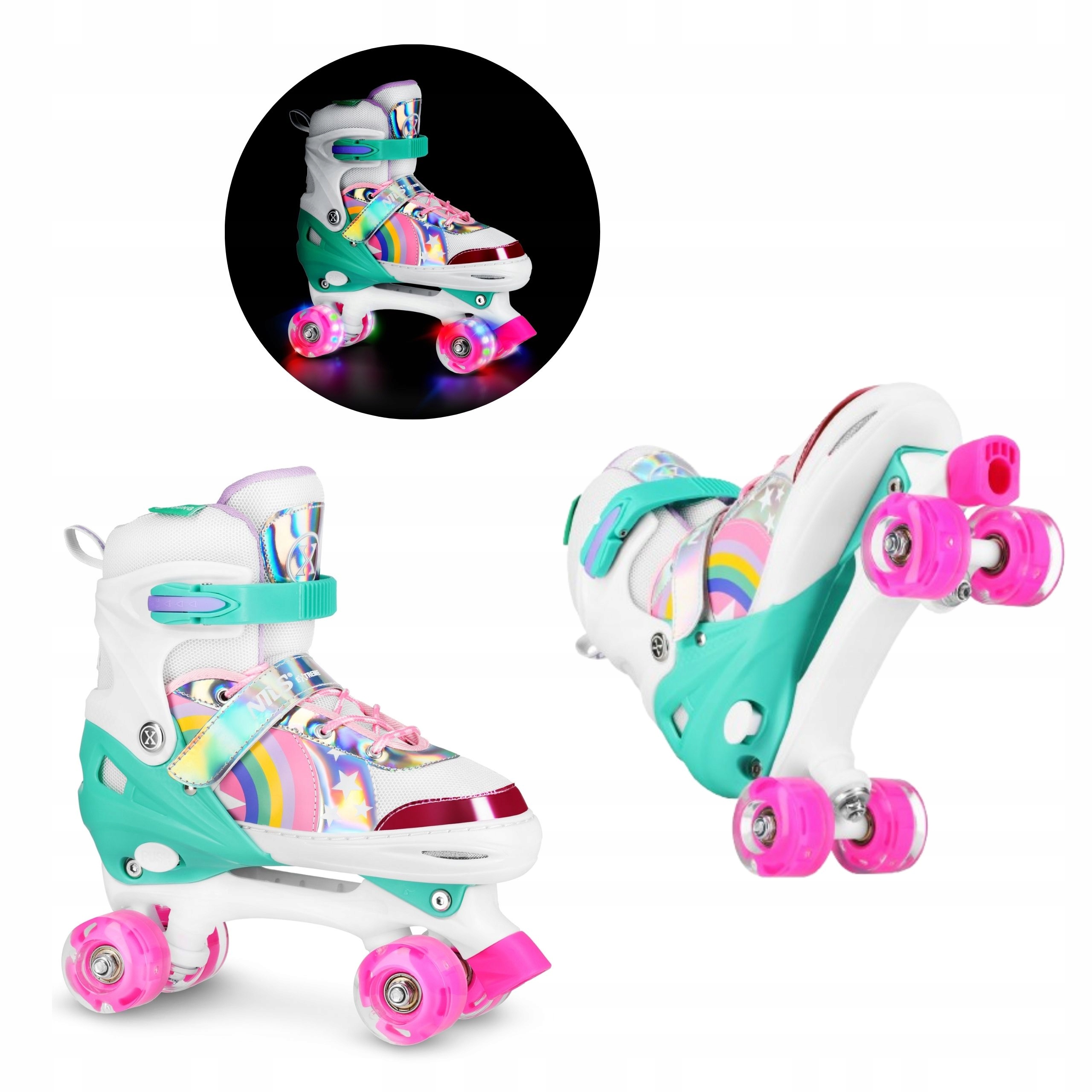 Solidne wrotki regulowane dziewczęce kółka Led rozm. 39-41 Nils Rainbow