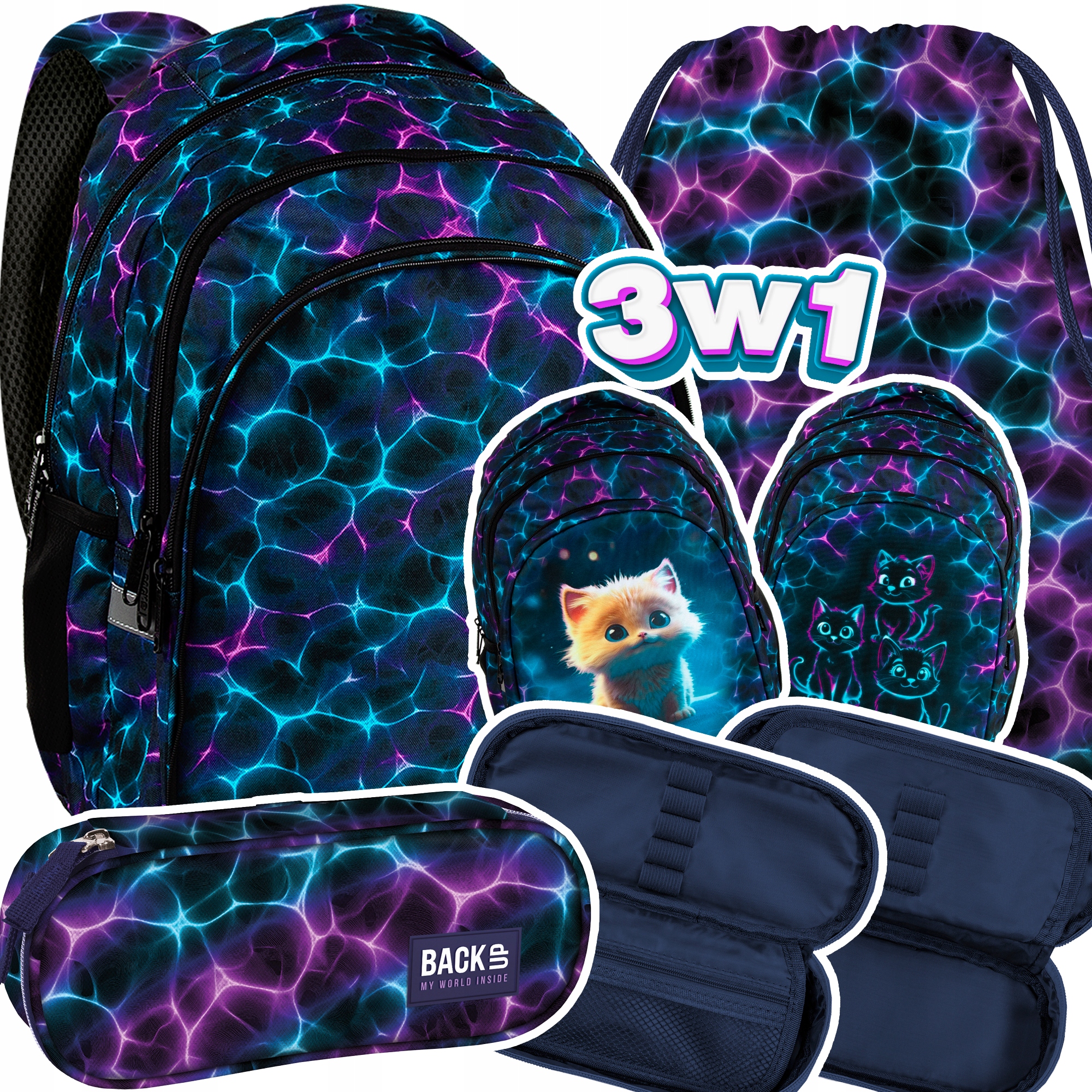 Plecak szkolny dla dziewczynki BackUP 3 w 1 Fale Neonowe Skywater 26 L