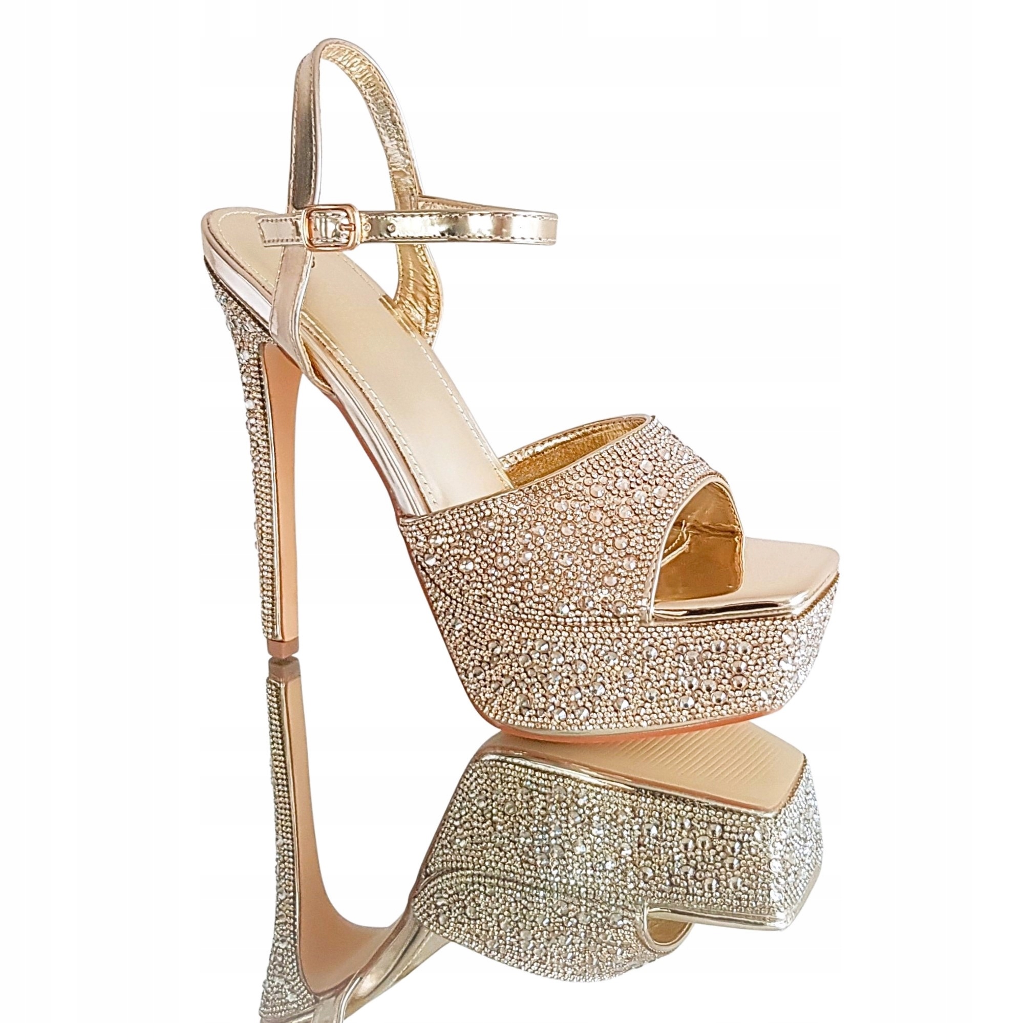 Złote Sandały Brokatowe Szpilki Platformy Kryształki Cyrkonie 39