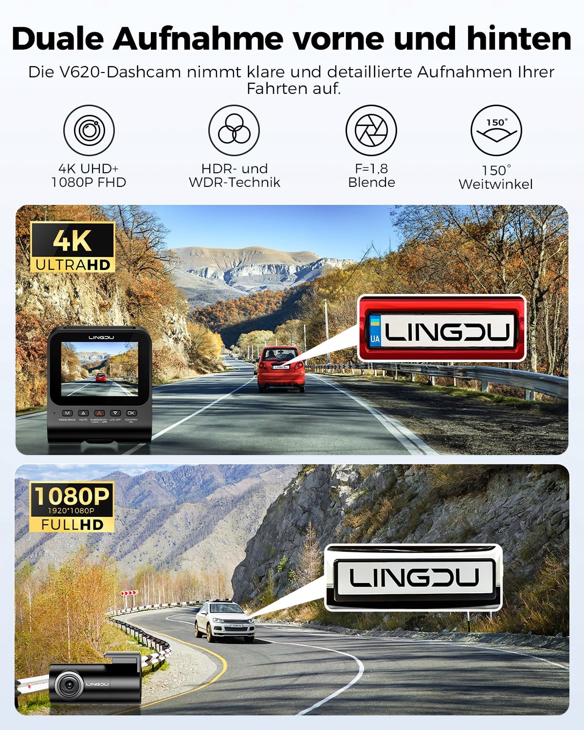 LINGDU V620 Kamera Samochodowa 4K 1080P WiFi GPS 64GB Karta SD 170° — miniatura 2
