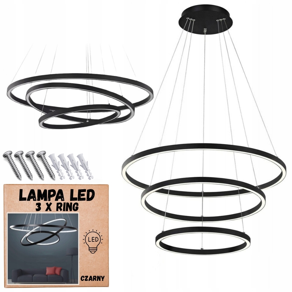 Żyrandol lampa wisząca sufitowa 3 ringi okręgi led regulowana 76W neutralny