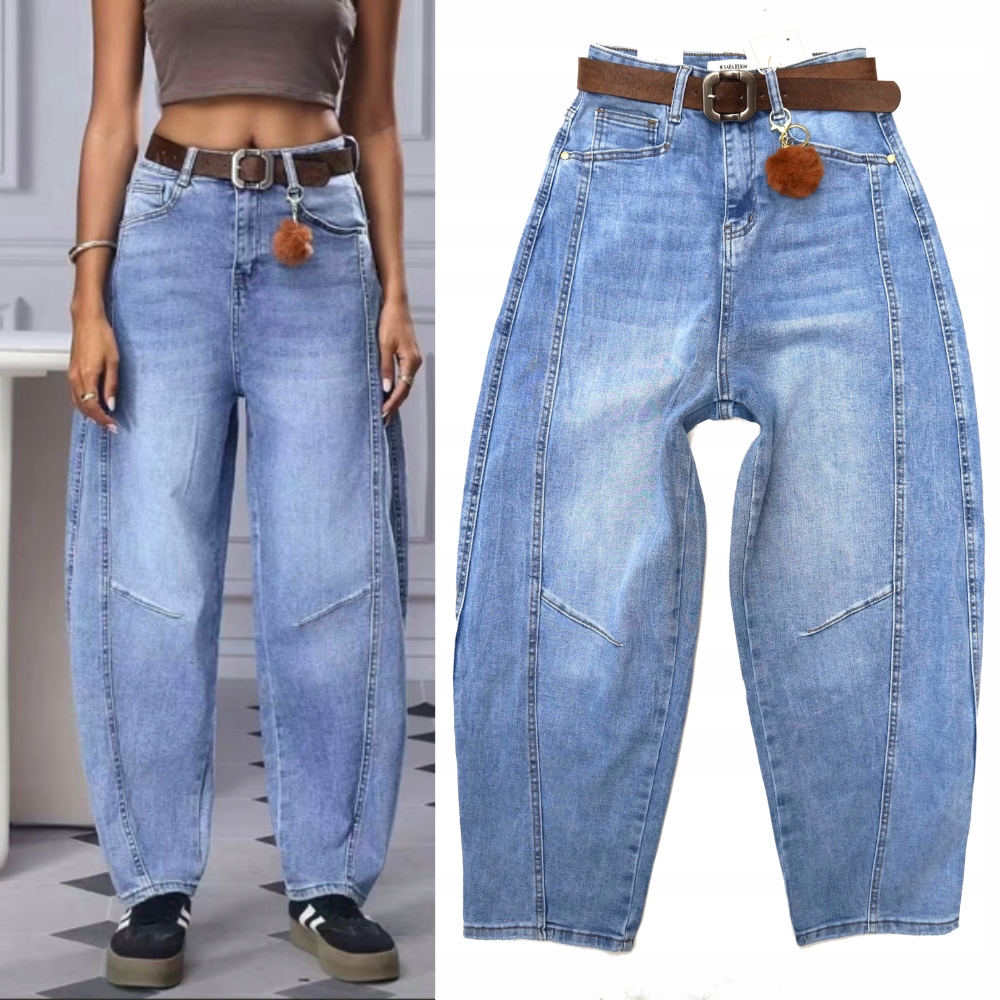 M.sara Wyjątkowe Damskie Spodnie Jeansy Balloon Fit Inne Szycie Brelok
