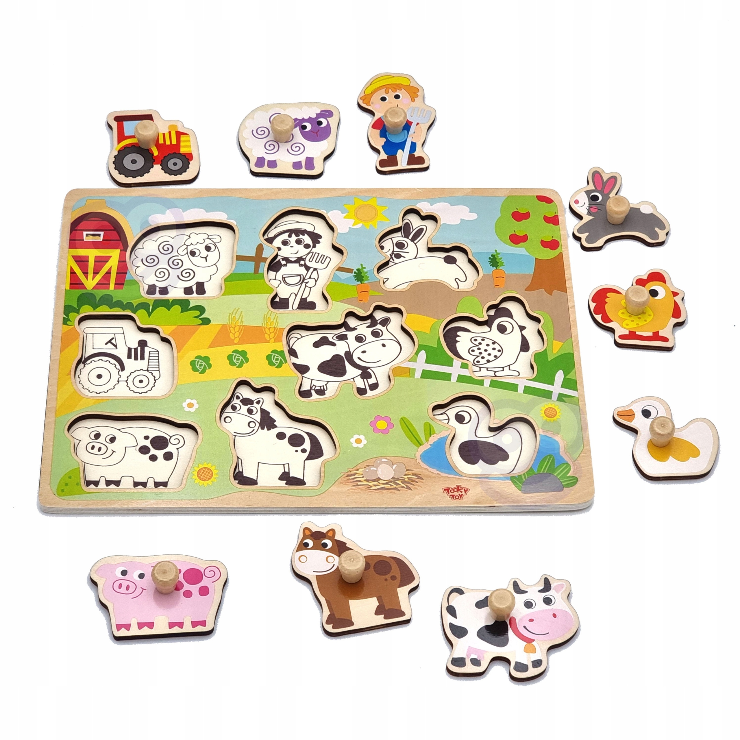 DREWNIANE PUZZLE MONTESSORI FARMA Z PINEZKAMI DOPASUJ KSZTAŁTY TOOKY TOY