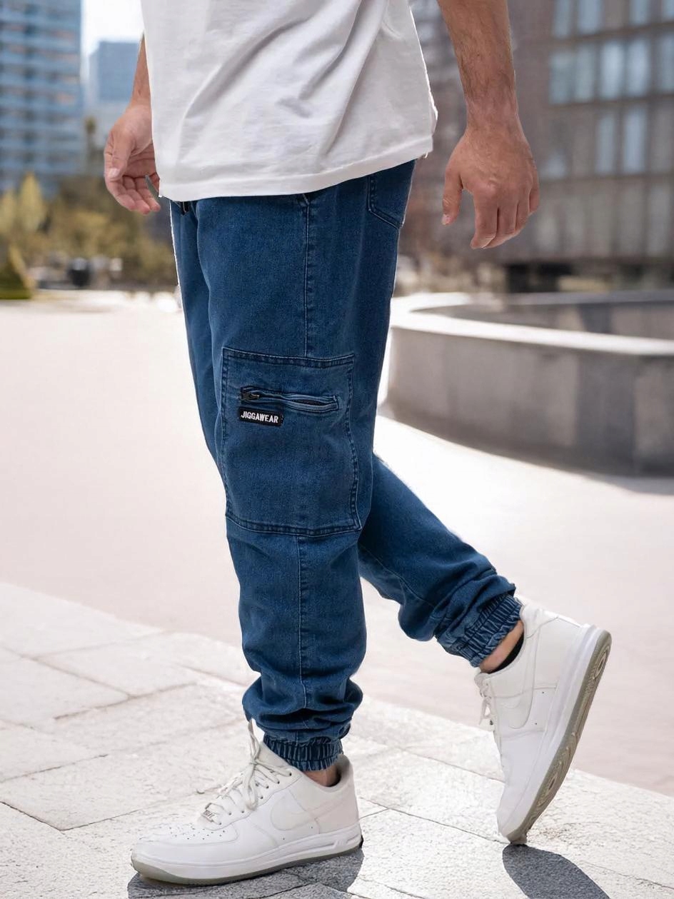 Joggery Kalhoty Jigga Wear Stripe Zip Cargo Jeans Blue vel. M