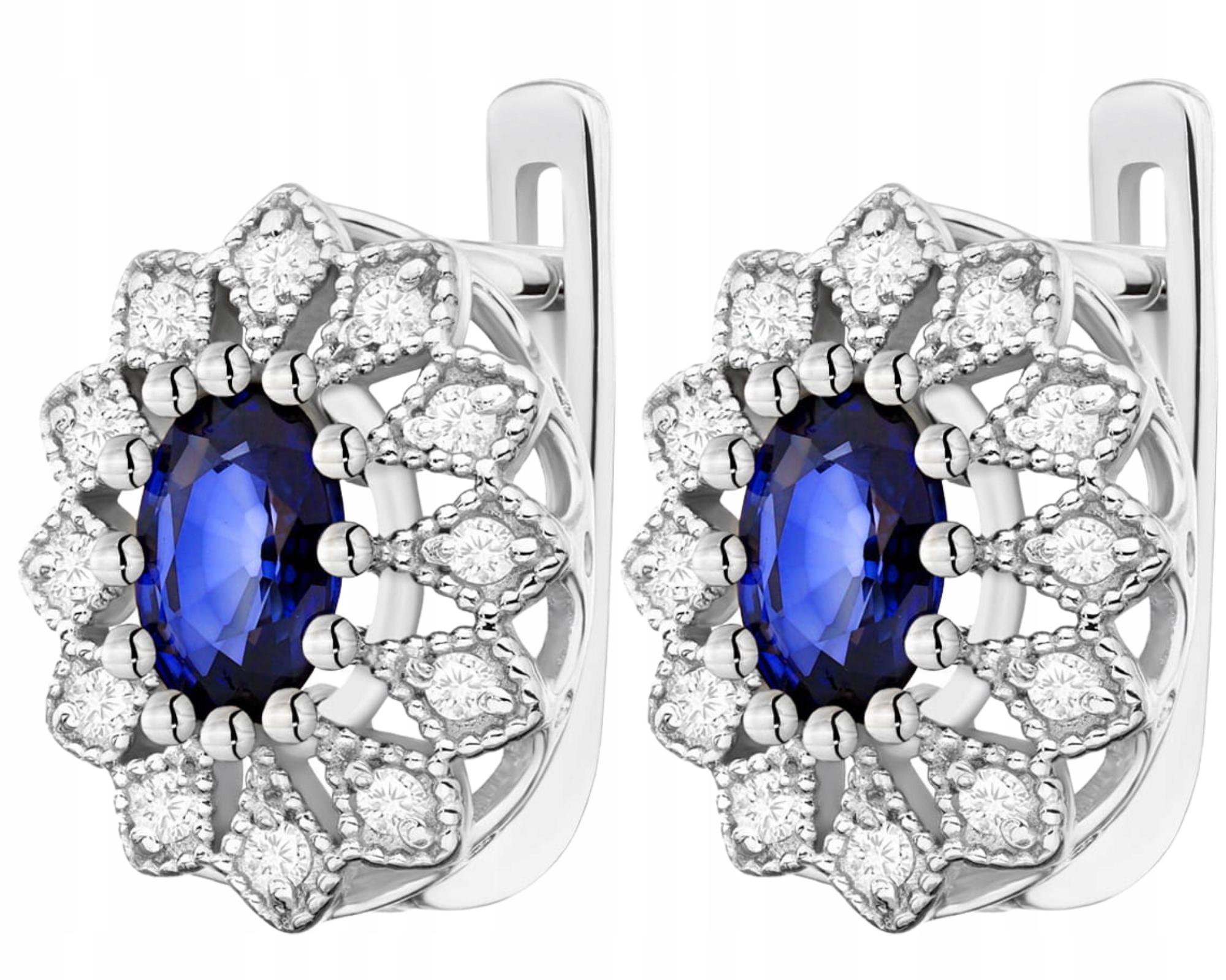 Bílé zlaté náušnice s brilianty a safíry 585