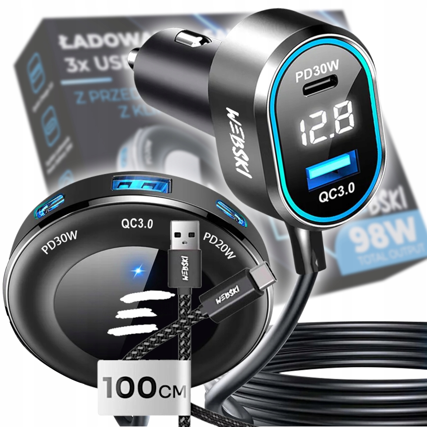 Extra Silná Automobilová Autonabíječka S Klipem 98W 2xUSB 3xUSB-C 100CM Kabel