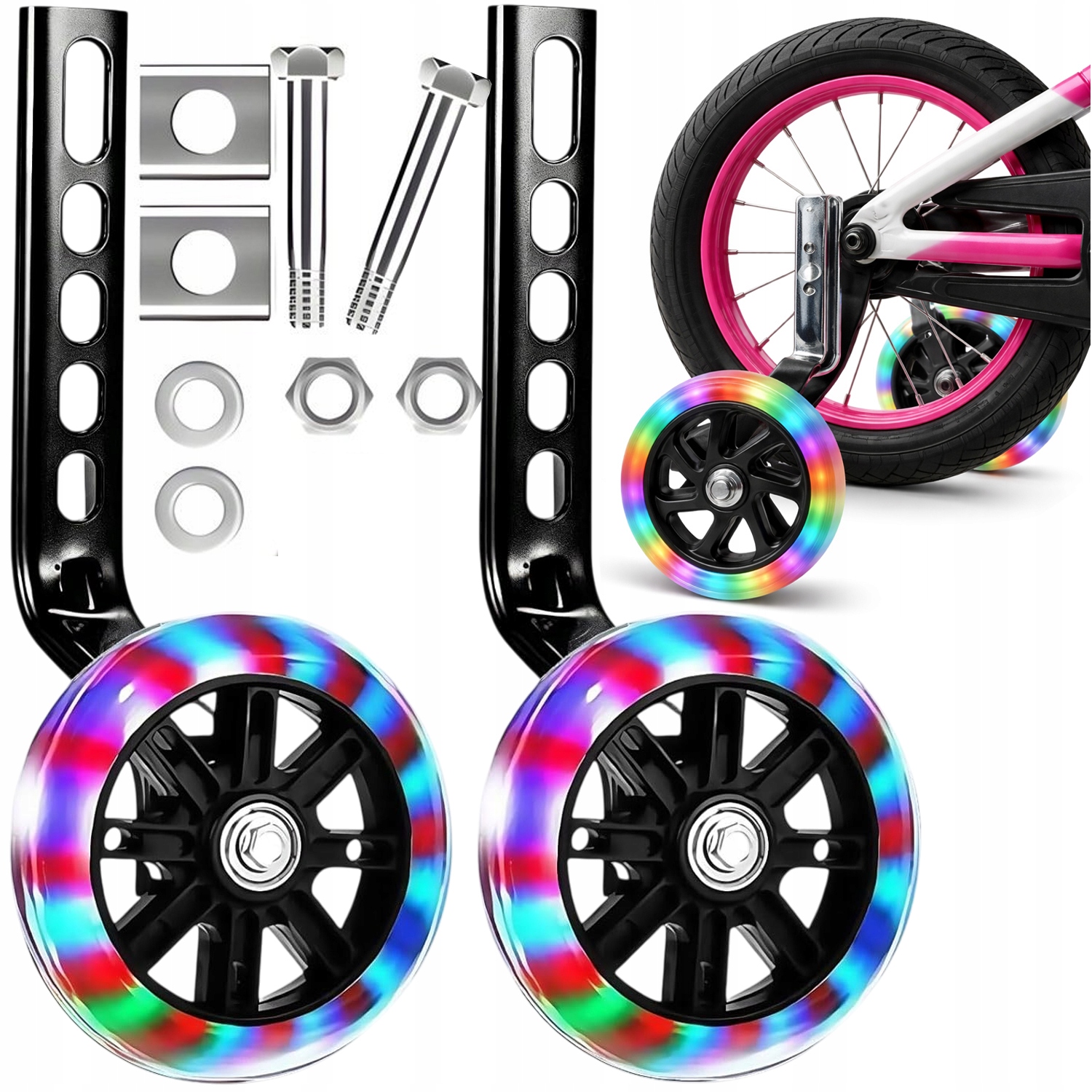 KÓŁKA BOCZNE ŚWIECĄCE DO NAUKI JAZDY LED KOŁA ROWEREK DZIECIĘCY REGULOWANE