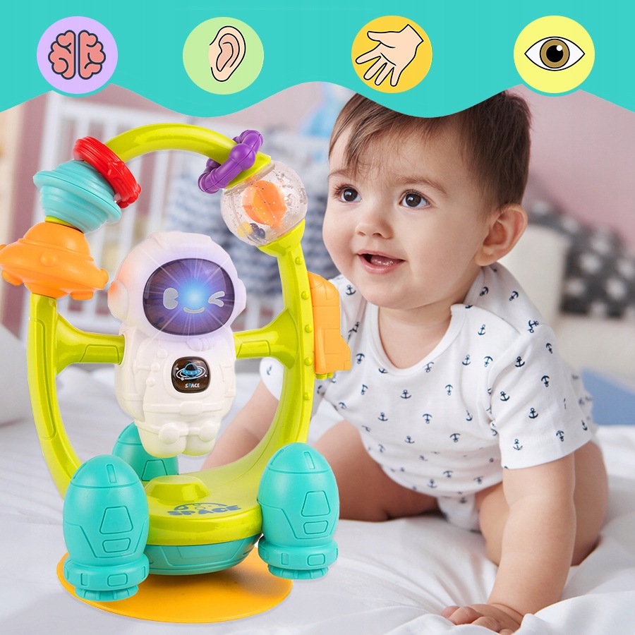 ZABAWKA SENSORYCZNA GRZECHOTKA Z PRZYSSAWKĄ SPINNER MUZYKA ŚWIATŁA roczek Bohater Inny