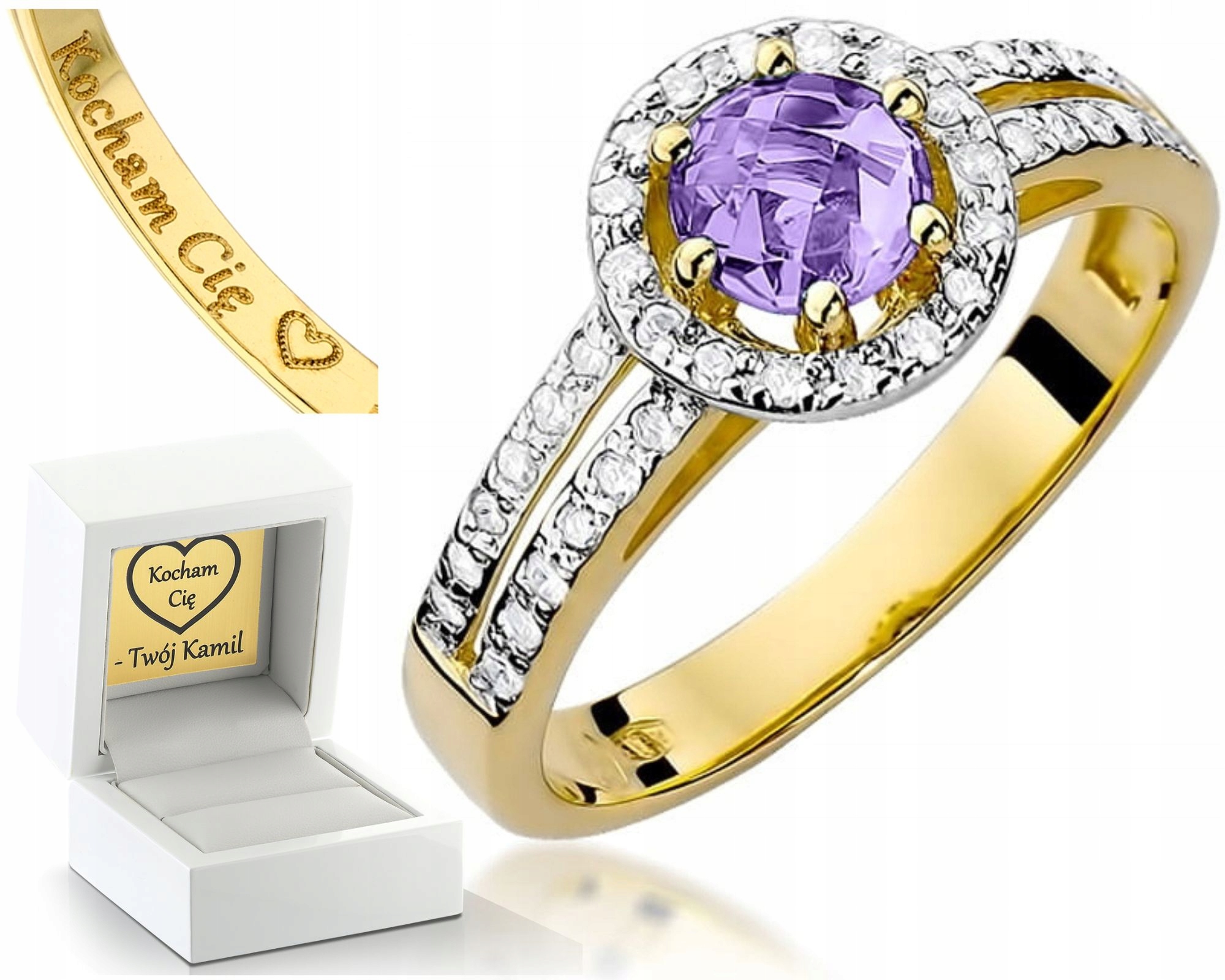 Klasický Prstýnek Ametyst A Diamanty Gravírování