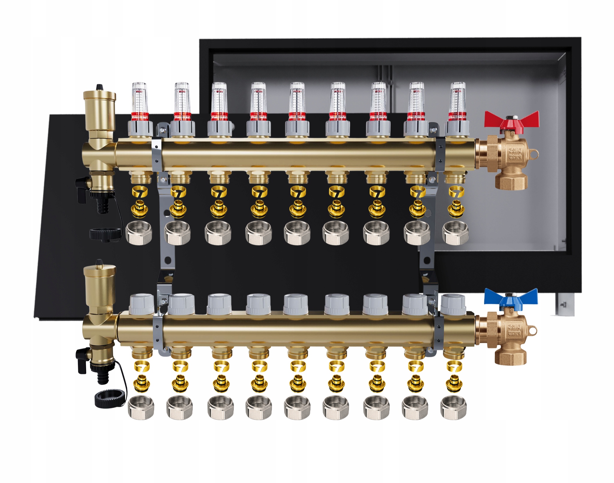 Rozdělovač podlahových krytin mosazný 9 obvodů Podomítková skříňka černá Pex