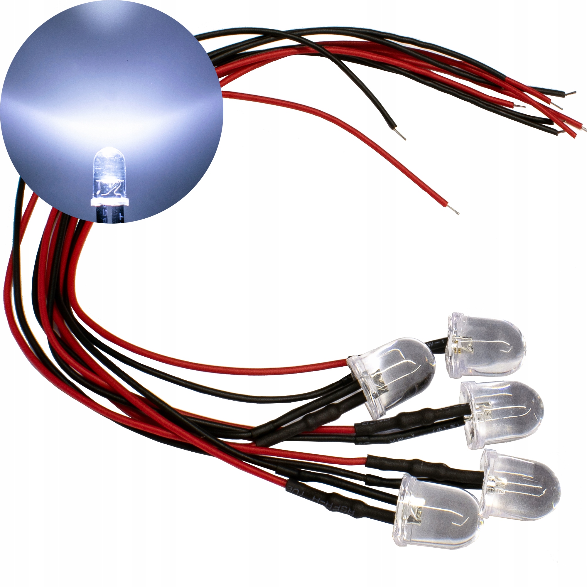 

x5 Diody Led 10mm Białe Zimne 12V przewód 20cm