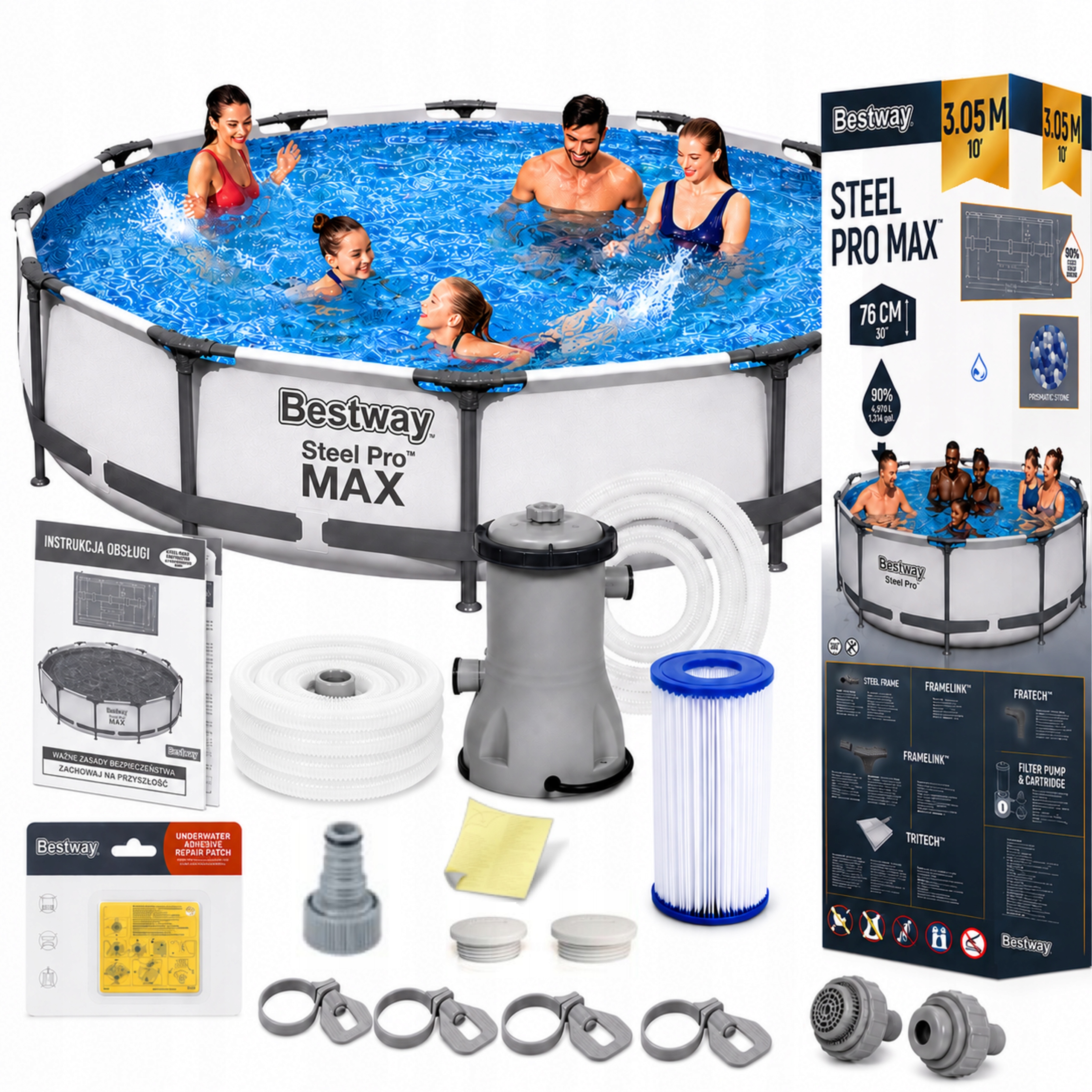 Basen stelażowy Bestway Steel Pro Max 305x76cm 17w1 pompa, filtry, węże