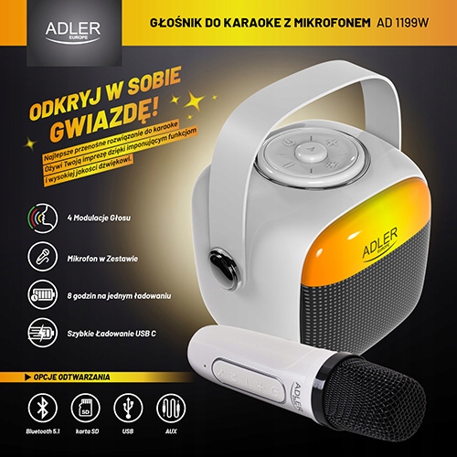 Głośnik Karaoke Adler AD 1199 White z Mikrofonem - SD/USB/AUX/Bluetooth