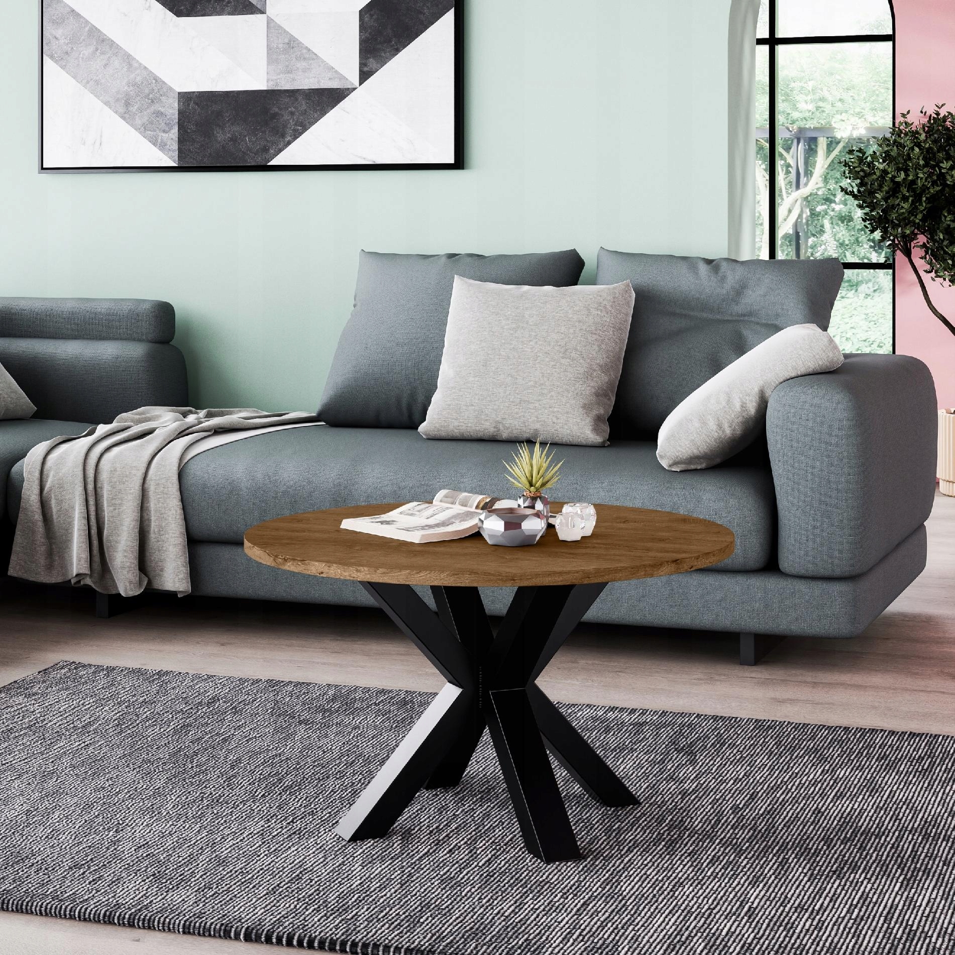 Kávový stolek Dub Lefkas loftový, moderní Lavice do obývacího pokoje černá fi 90 cm