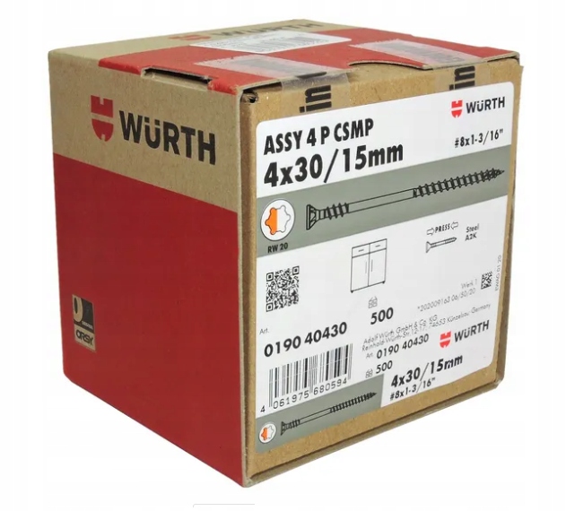 Wkręty 4x30/15 Assy Plus Wurth konfirmanty do drewna 500szt. +bit