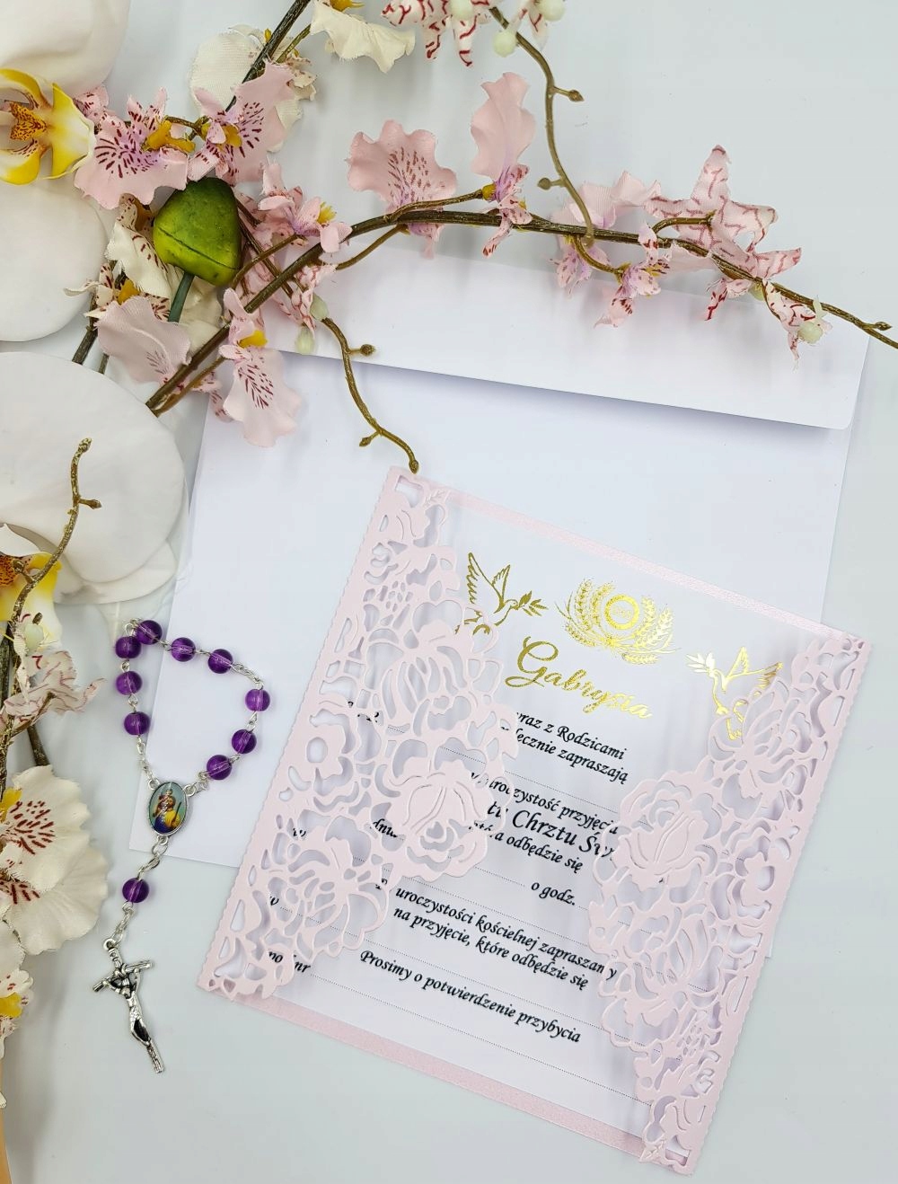 ZAPROSZENIA CHRZEST, CHRZCINY AŻUROWE ZŁOCONE RÓŻ Szerokość produktu 14 cm