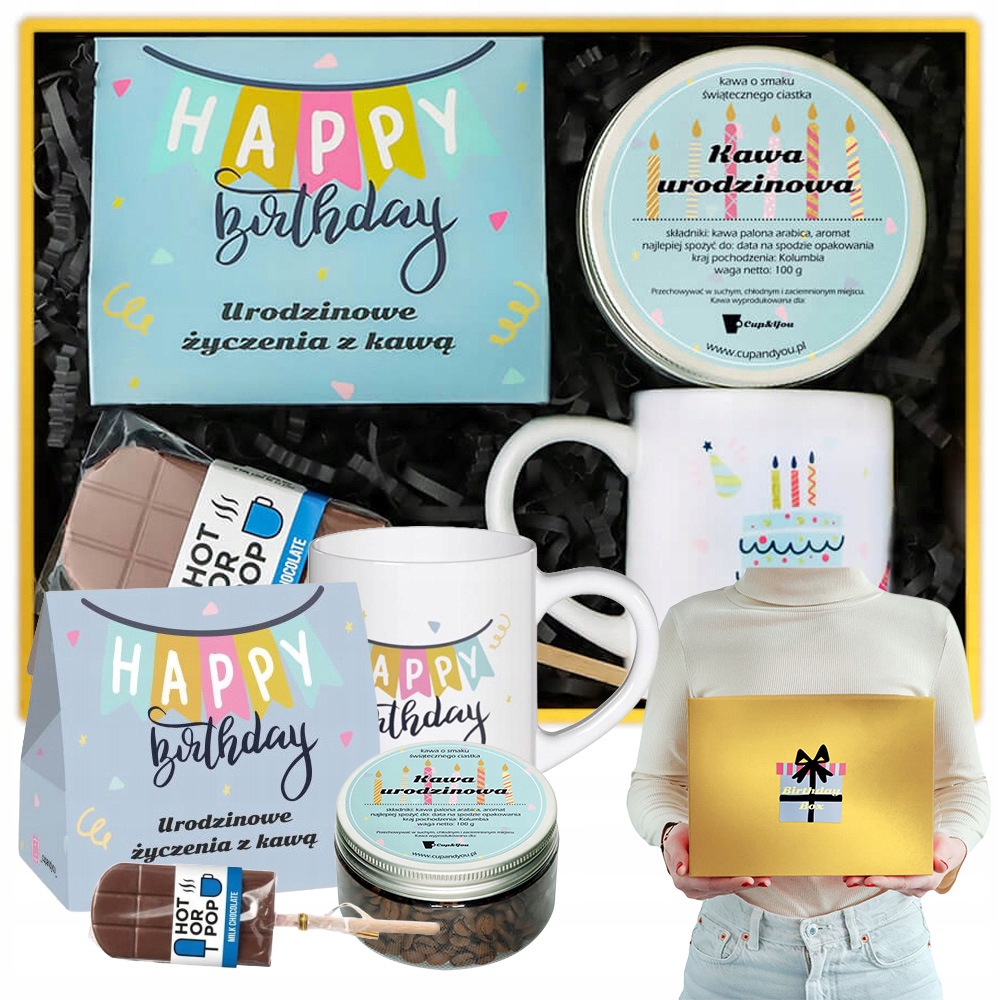 Gotowy Box Prezentowy Urodzinowy Kawa Smakowa MIX Kubek Czekoladowy Lizak