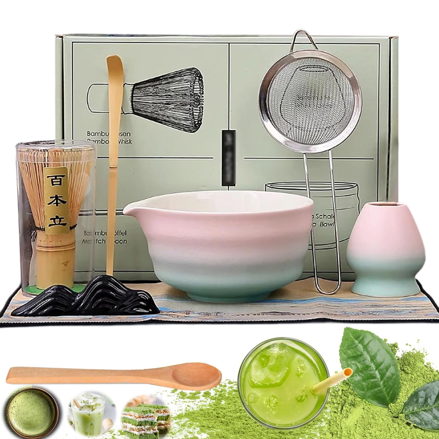 Levně Dárková Sada Na Čaj Matcha Šálek Metla Podstavec Lžička 8EL