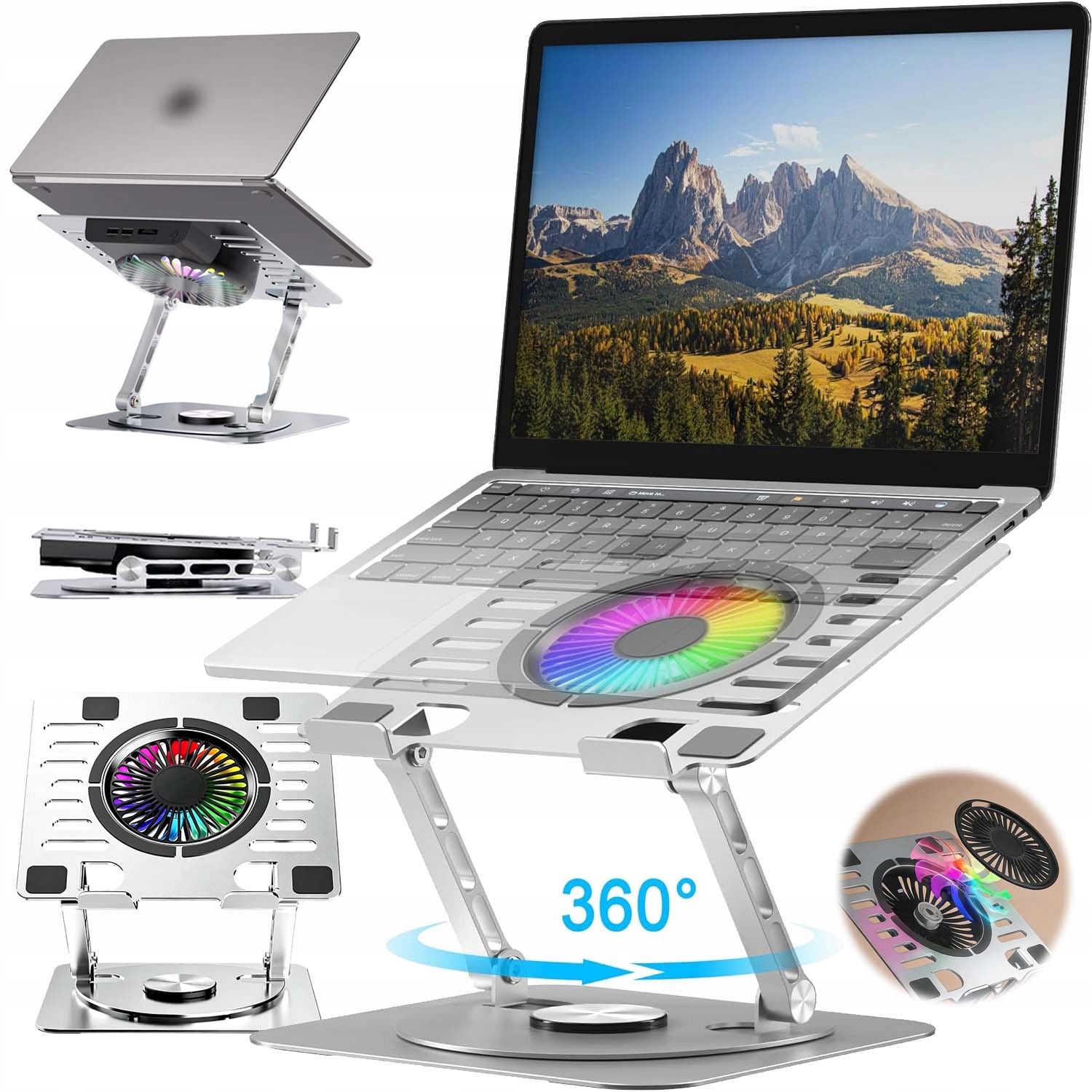 Chladící Podložka Pod Notebook Tablet Ocelová, Nastavitelná Otáčení O 360° Rgb