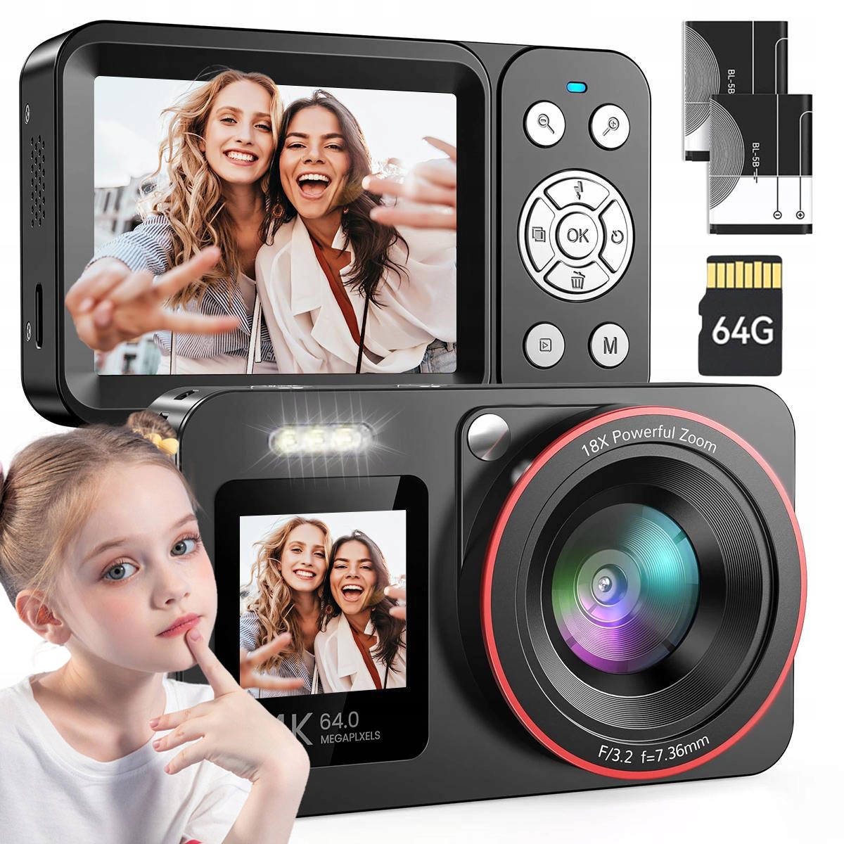 Aparat Cyfrowy Przenośny 4K Fhd 64MP 18X Zoom Karta 64GB Ekran 2.8"