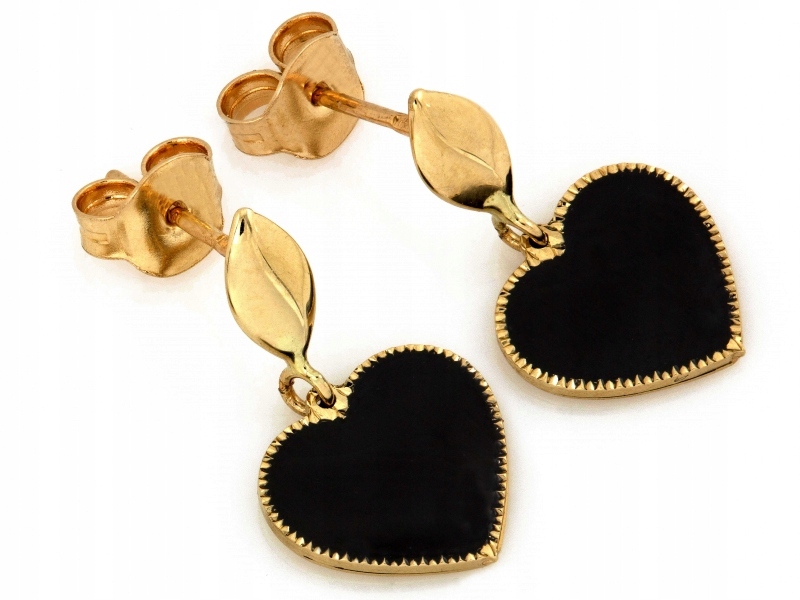 Náušnice zlaté Au585 Srdce s černým smaltem KL12839