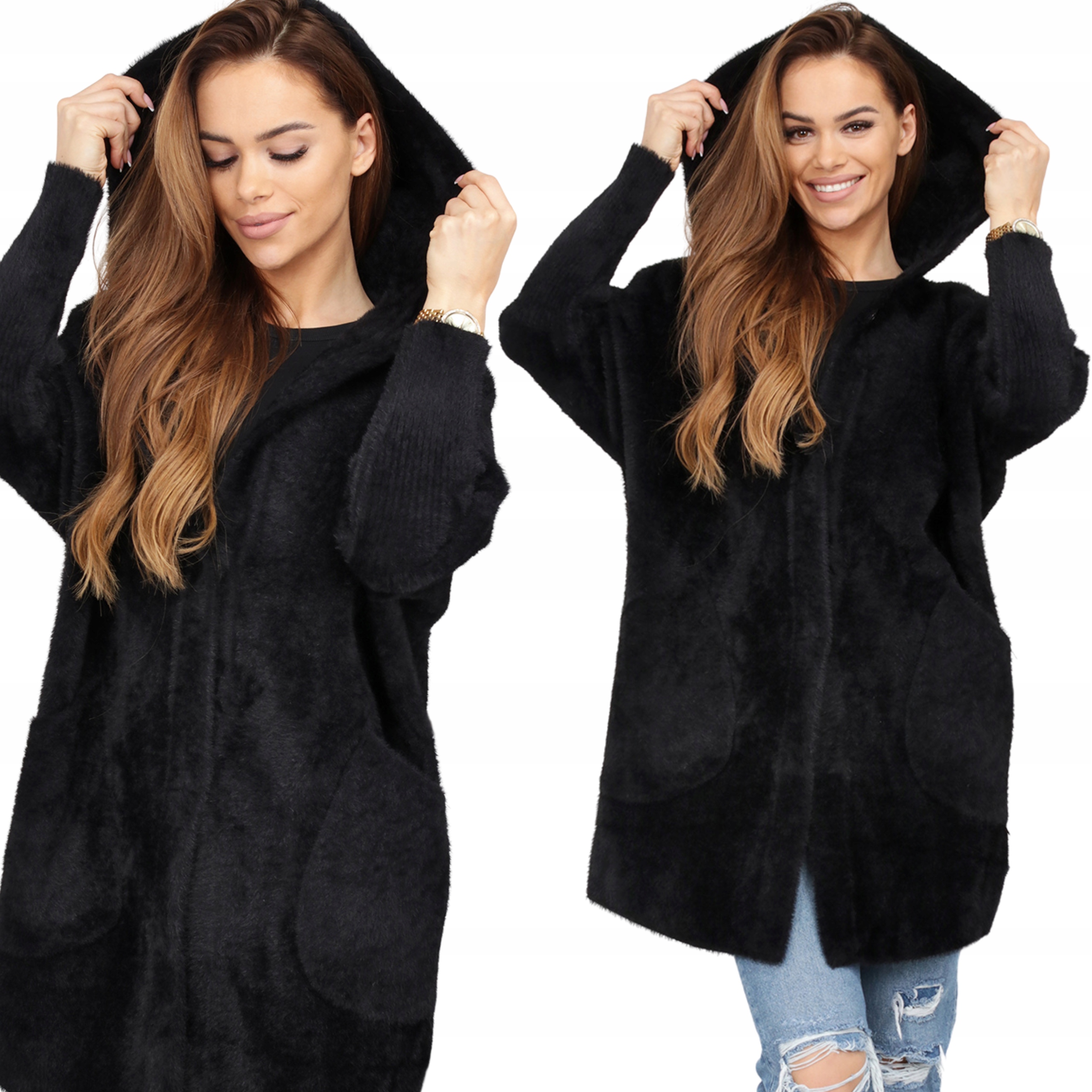 Alpaka Damska Płaszcz Kurtka Sweter Ciepła Długa Kaptur Czarny 1946