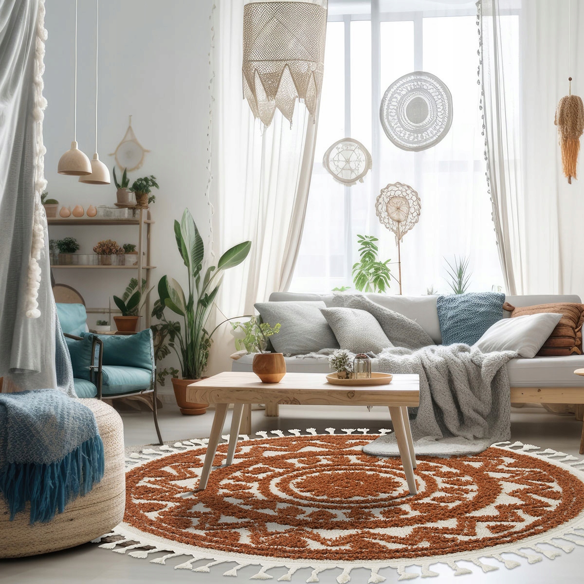 GRUBY OKRĄGŁY DYWAN BOHO Z FRĘDZLAMI BEŻOWY DYWAN STYL SKANDYNAWSKI 120x120 Stan opakowania oryginalne