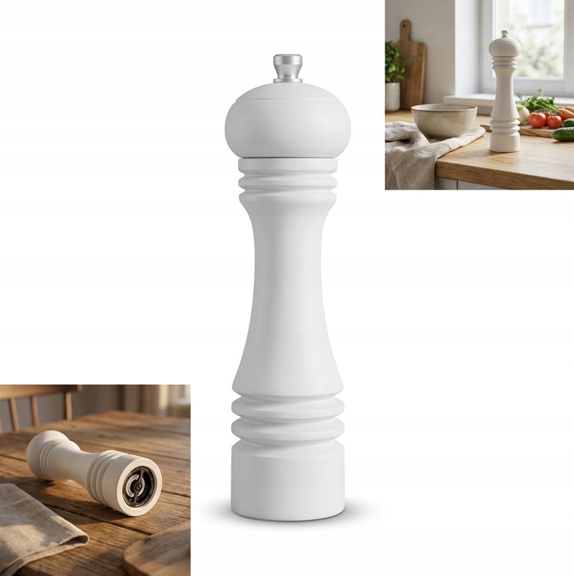 Dřevěný Mlýnek na sůl a pepř 23,5 cm Bílý Keramický mat premium