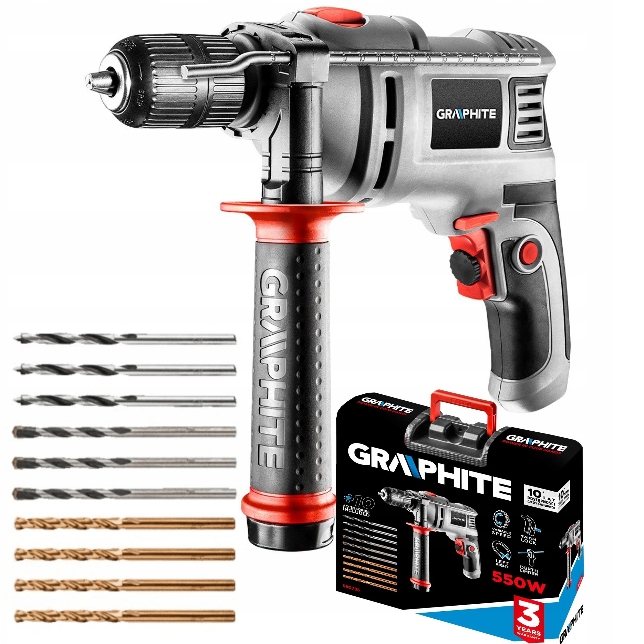 GRAPHITE WIERTARKA UDAROWA 550W UCHWYT 13mm +10 WIERTEŁ WALIZKA 58G735