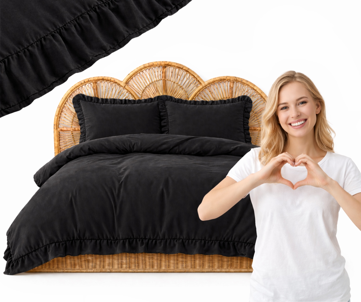Povlečení s Falbankou 160x200 cm Černá Premium 2x70x80 Elegantní komplet