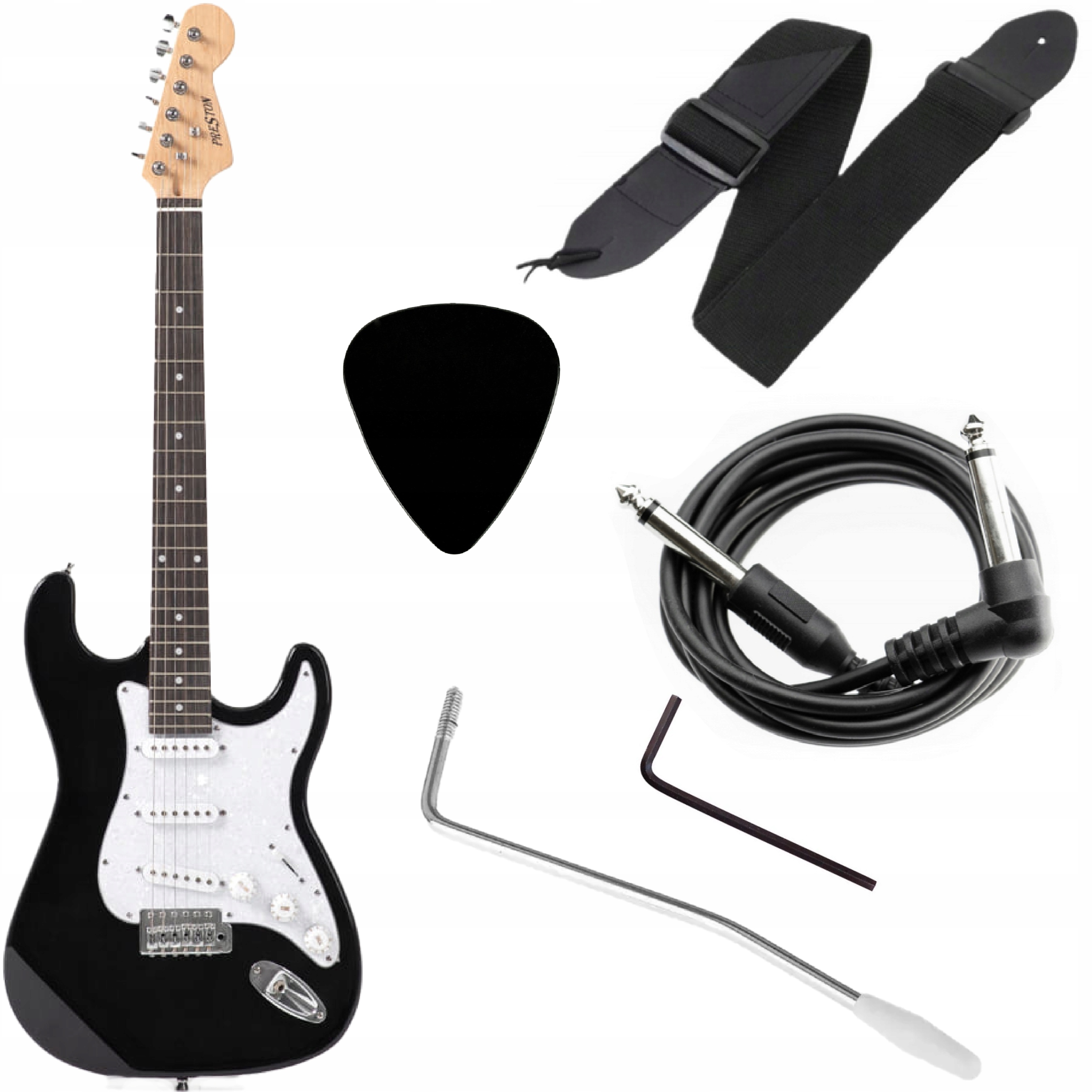 Elektrická kytara Preston ST-10BK 4/4 Černá Tremolo Kabel Pásek Komplet