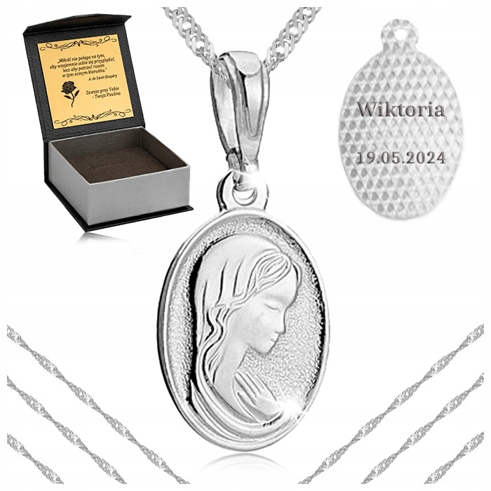 Stříbrný K Prvnímu Svatému Přijímání Náhrdelník Medaile Ryzost 925 Matka Boží Fatimská Gravírování