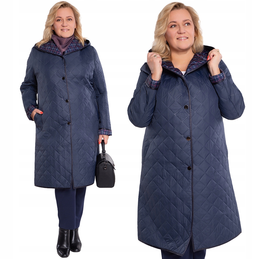 Tmavě modrý prošívaný kabát s kostkovanou podšívkou 48