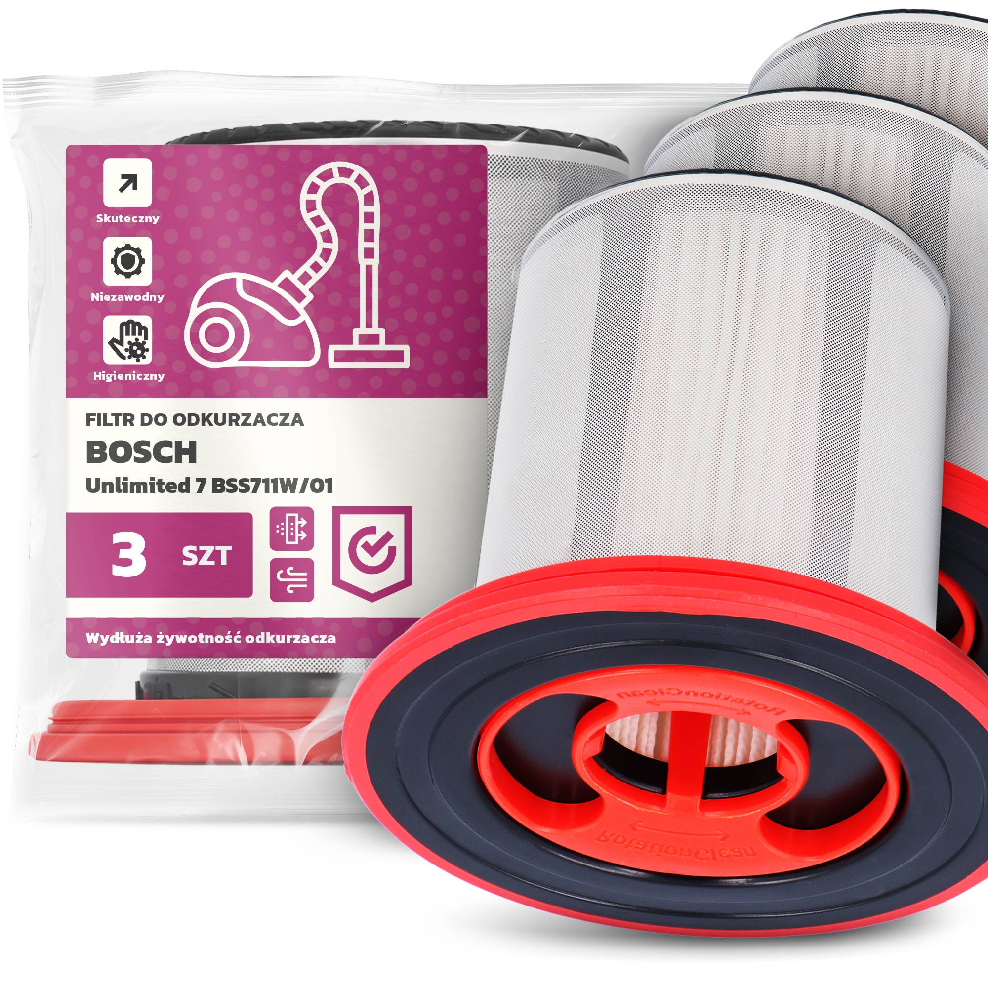 3x Vzduchový Filtr pro Vysavač Bosch Unlimited 7 BSS711W/01 Hepa Em-w