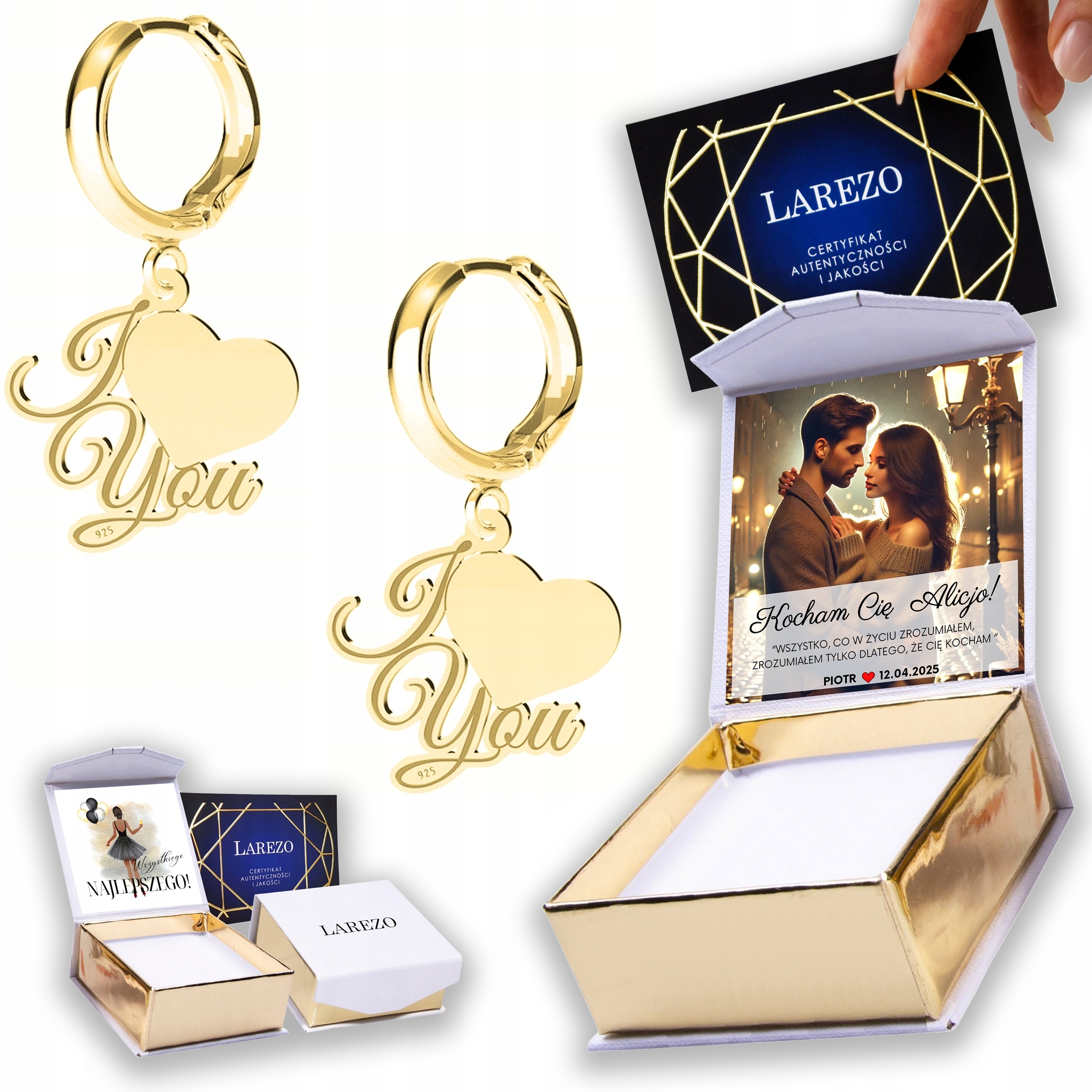 Zlaté Náušnice 925 Plechy Srdce Srdíčka I Love You Miluji tě Potisk