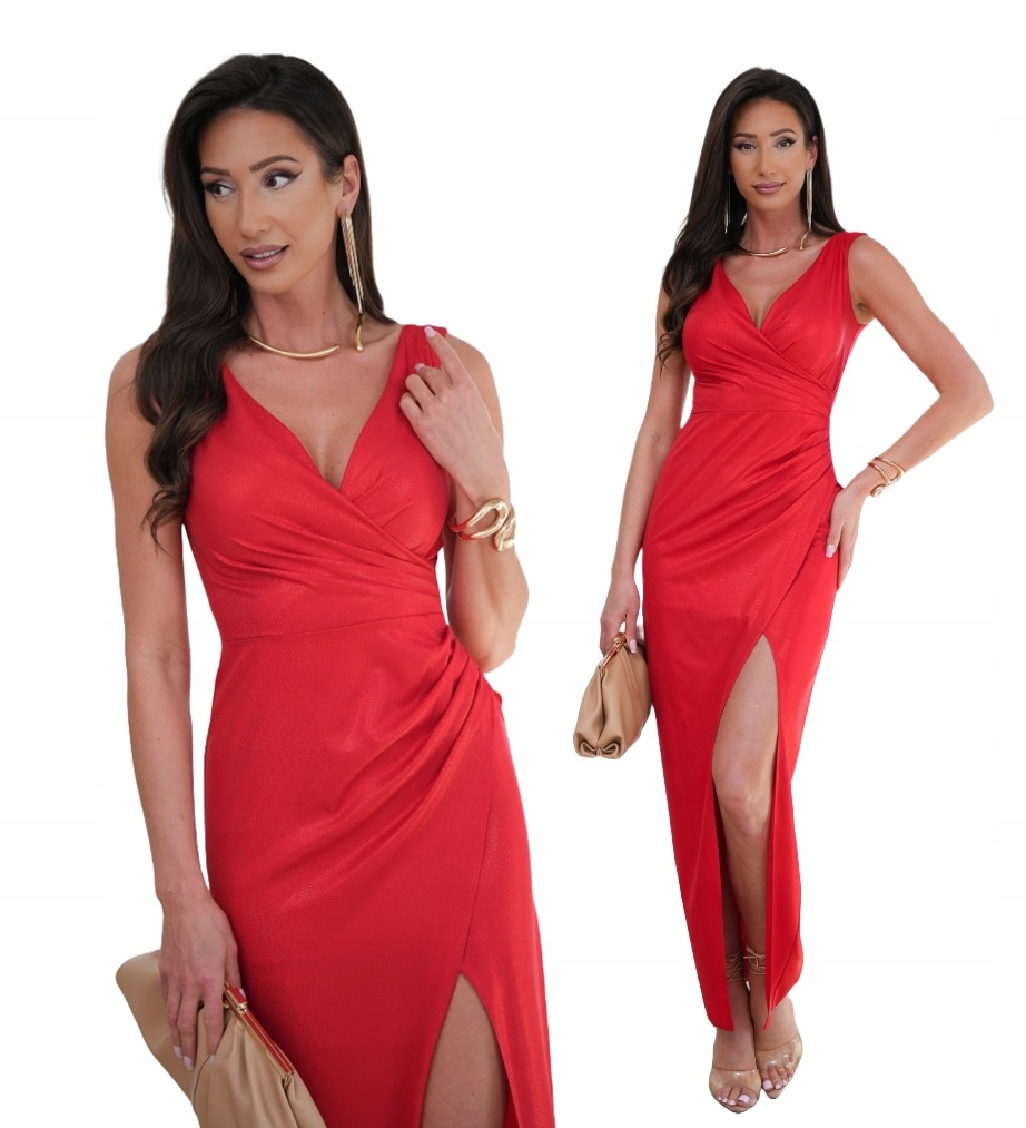 Zoja červená dlouhá elegantní šaty s rozparkem a řasením XL