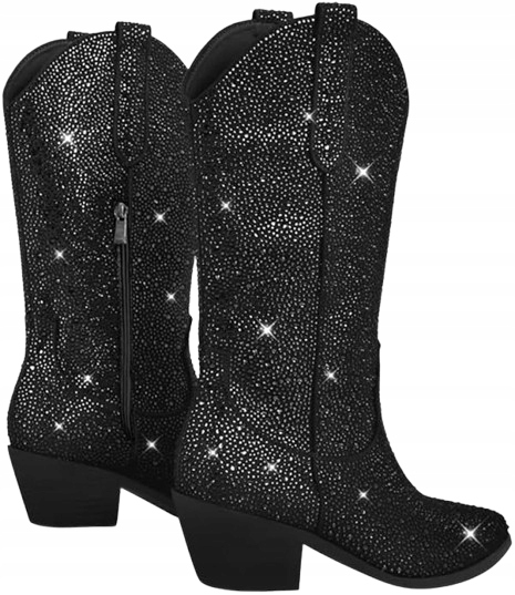 Lmtossey Černé Kovbojské Boty S Kamínky A Kostkovým Podpatkem 39 J3F