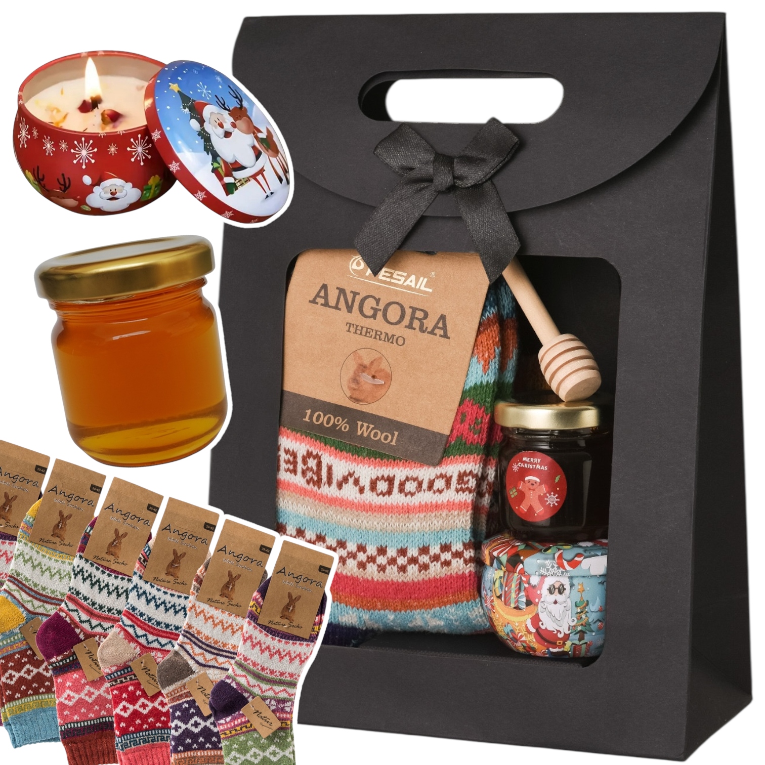 Levně Dárková sada Vánoční Med ponožky Angora vonná svíčka Sójová