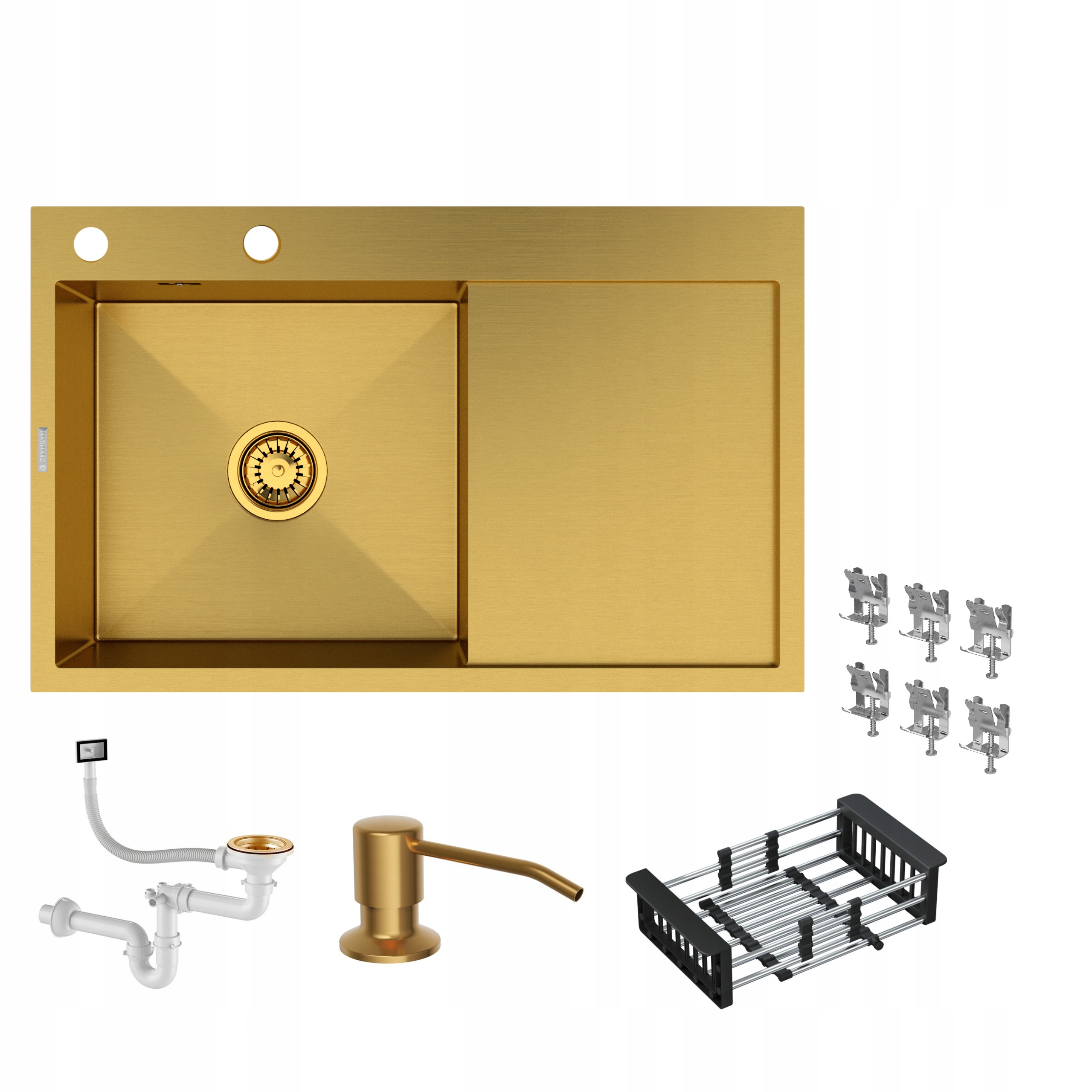 Jednokomorový Ocelový Dřez Zlatý Odkapávač Sušička Dávkovač BARI78L